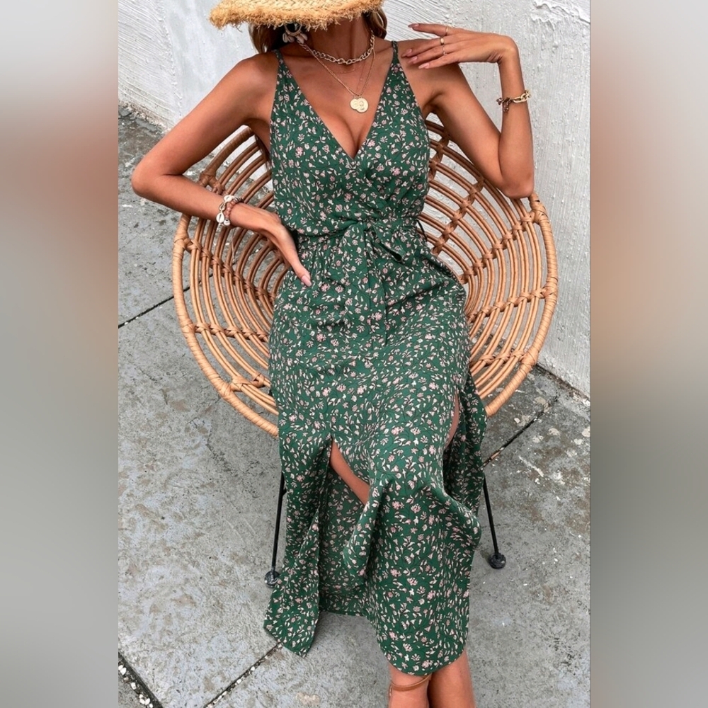 * New Boho Double Split Cami Dress Maxi Floral Dark Green - Picture 7 of 11